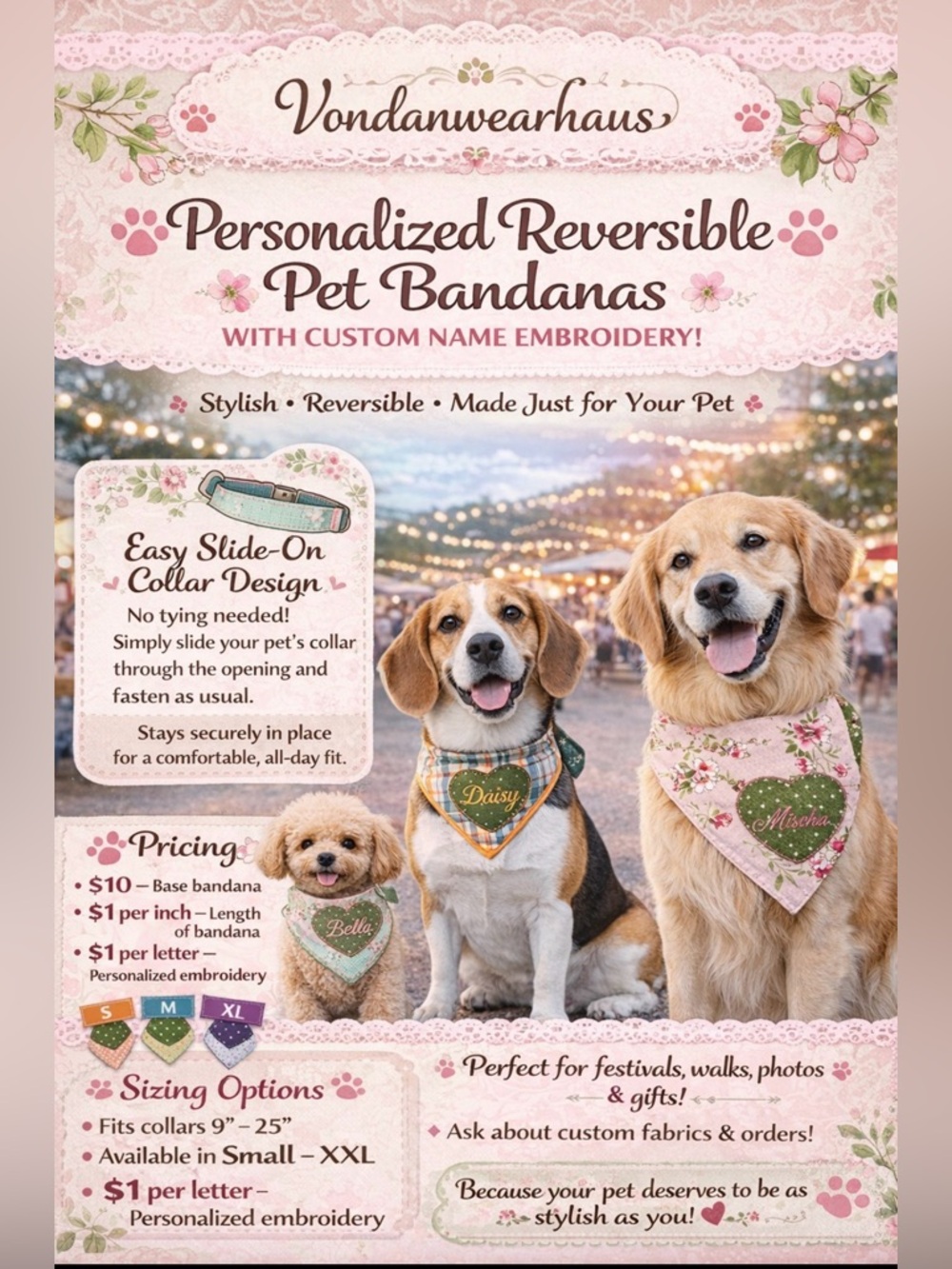Hand Crafted Personalized Reversible Pet Bandana Examples in Pictures